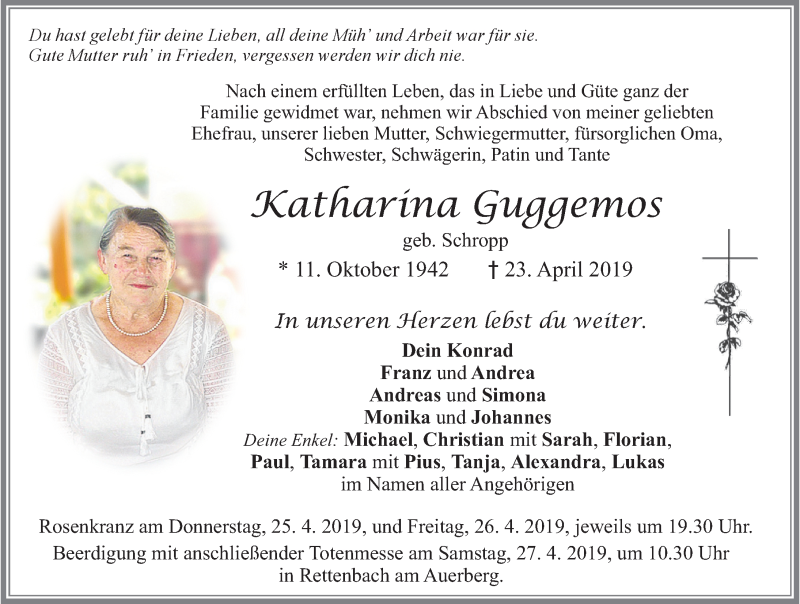 Traueranzeige von Katharina Guggemos von Allgäuer Zeitung, Marktoberdorf