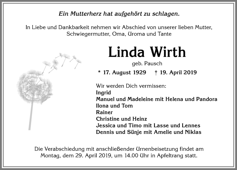 Traueranzeige von Linda Wirth von Allgäuer Zeitung, Kaufbeuren/Buchloe