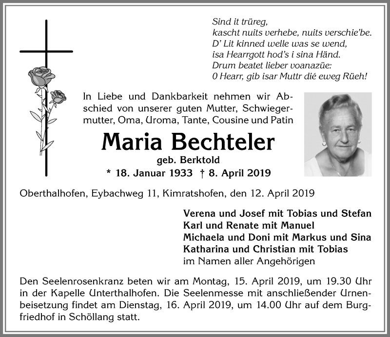  Traueranzeige für Maria Bechteler vom 12.04.2019 aus Allgäuer Anzeigeblatt