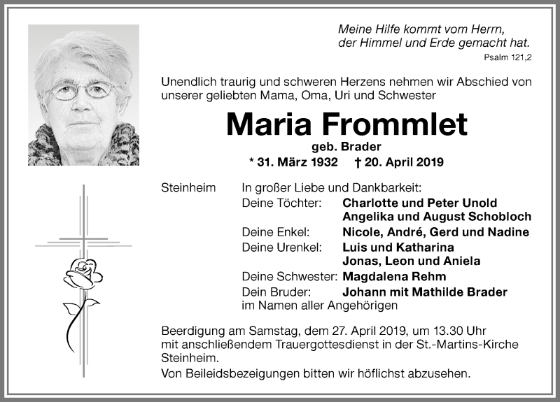 Traueranzeige von Maria Frommlet von Memminger Zeitung