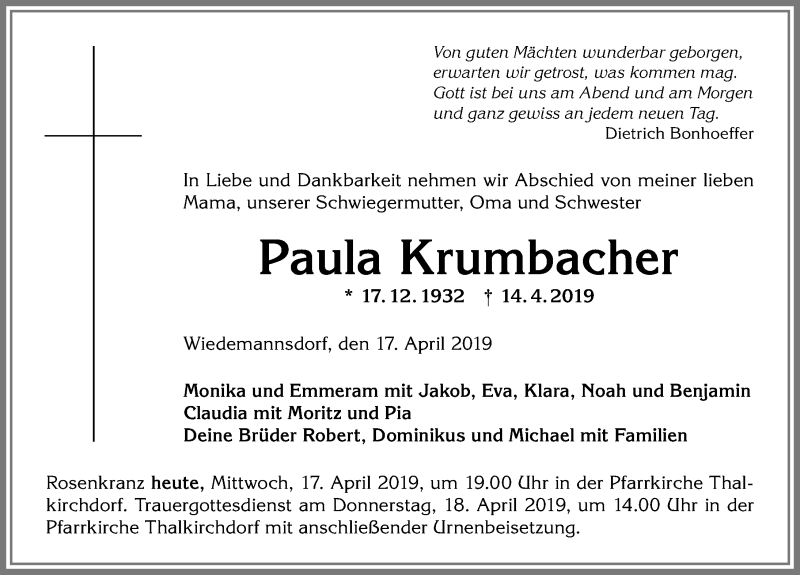 Traueranzeige von Paula Krumbacher von Allgäuer Anzeigeblatt