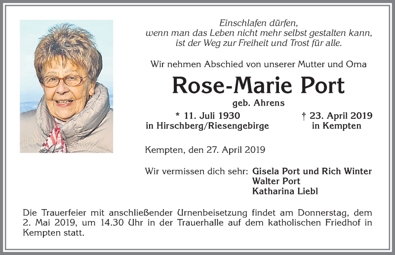 Traueranzeige von Rose-Marie Port von Allgäuer Zeitung,Kempten