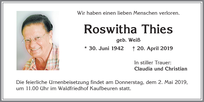 Traueranzeige von Roswitha Thies von Allgäuer Zeitung, Kaufbeuren/Buchloe