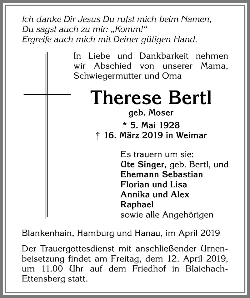 Traueranzeige von Therese Bertl von Allgäuer Anzeigeblatt