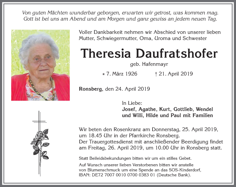 Traueranzeige von Theresia Daufratshofer von Allgäuer Zeitung, Marktoberdorf