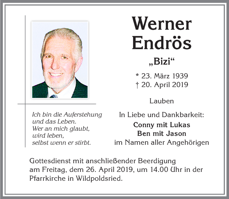 Traueranzeige von Werner Endrös von Allgäuer Zeitung,Kempten