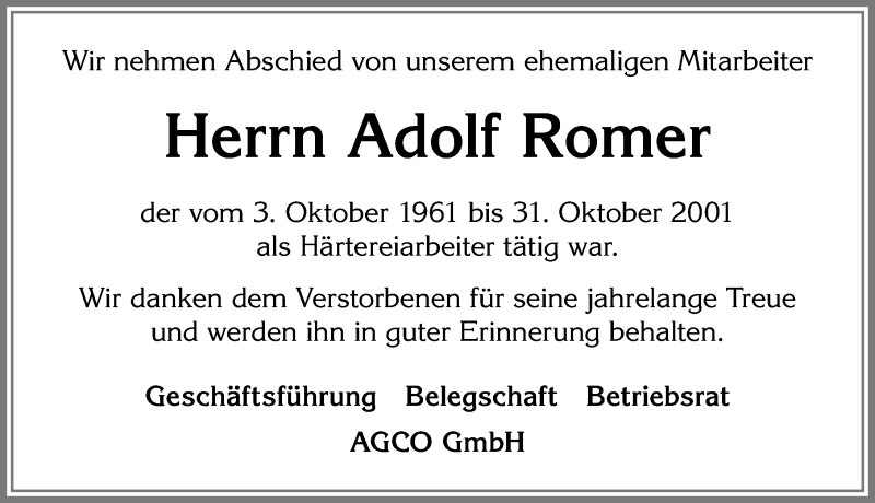 Traueranzeige von Adolf Romer von Allgäuer Zeitung, Marktoberdorf