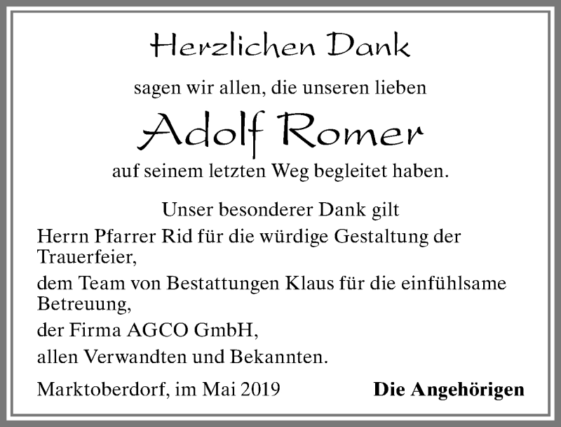 Traueranzeige von Adolf Romer von Allgäuer Zeitung, Marktoberdorf