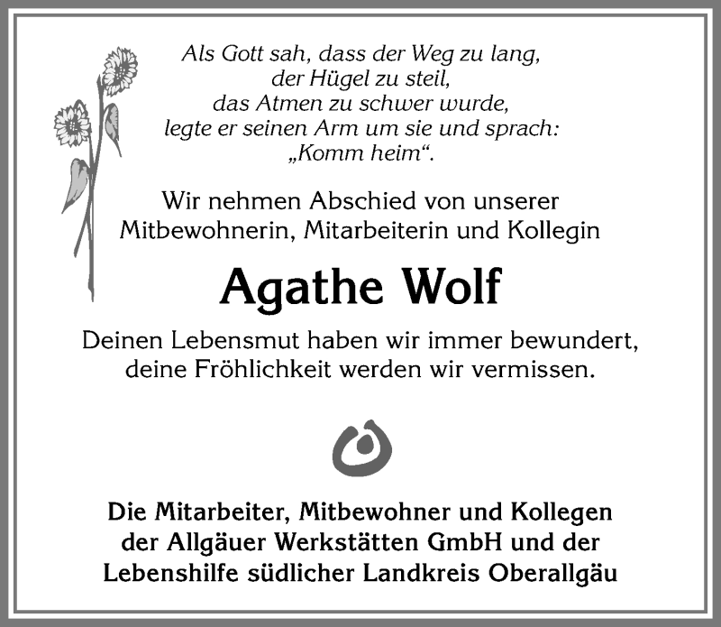 Traueranzeige von Agathe Wolf von Allgäuer Anzeigeblatt