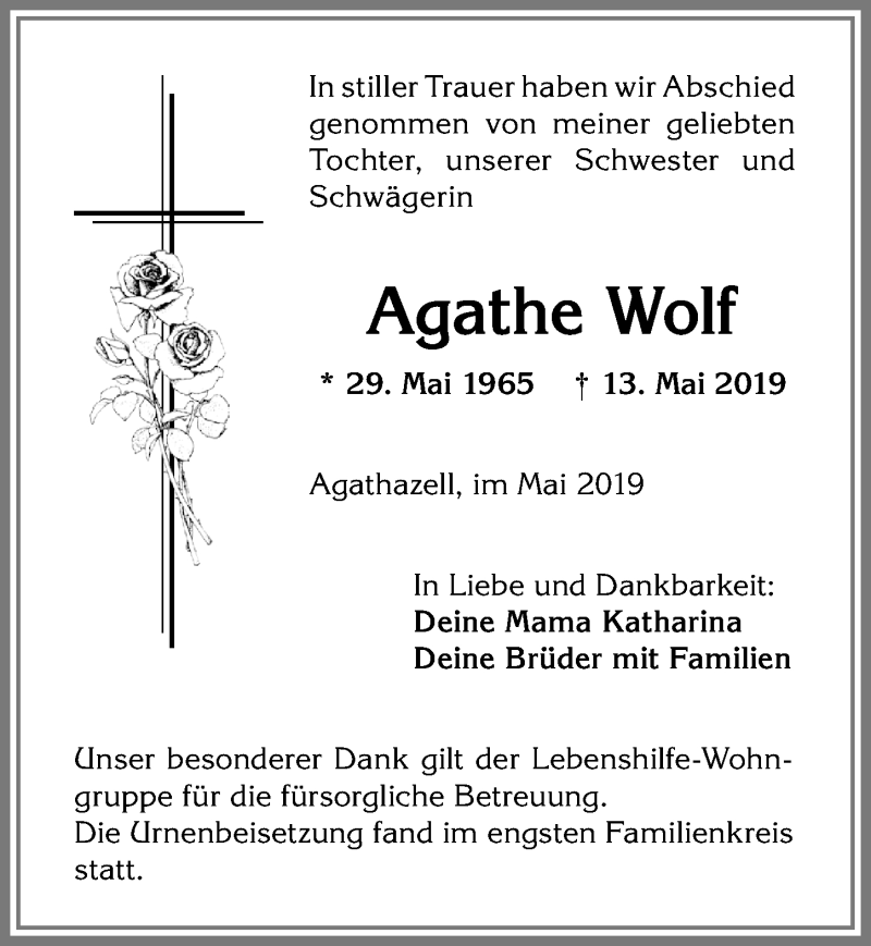 Traueranzeige von Agathe Wolf von Allgäuer Anzeigeblatt