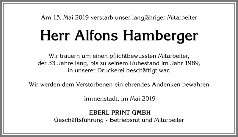 Traueranzeige von Alfons Hamberger von Allgäuer Anzeigeblatt