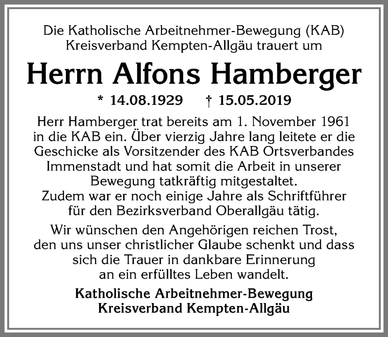 Traueranzeige von Alfons Hamberger von Allgäuer Anzeigeblatt