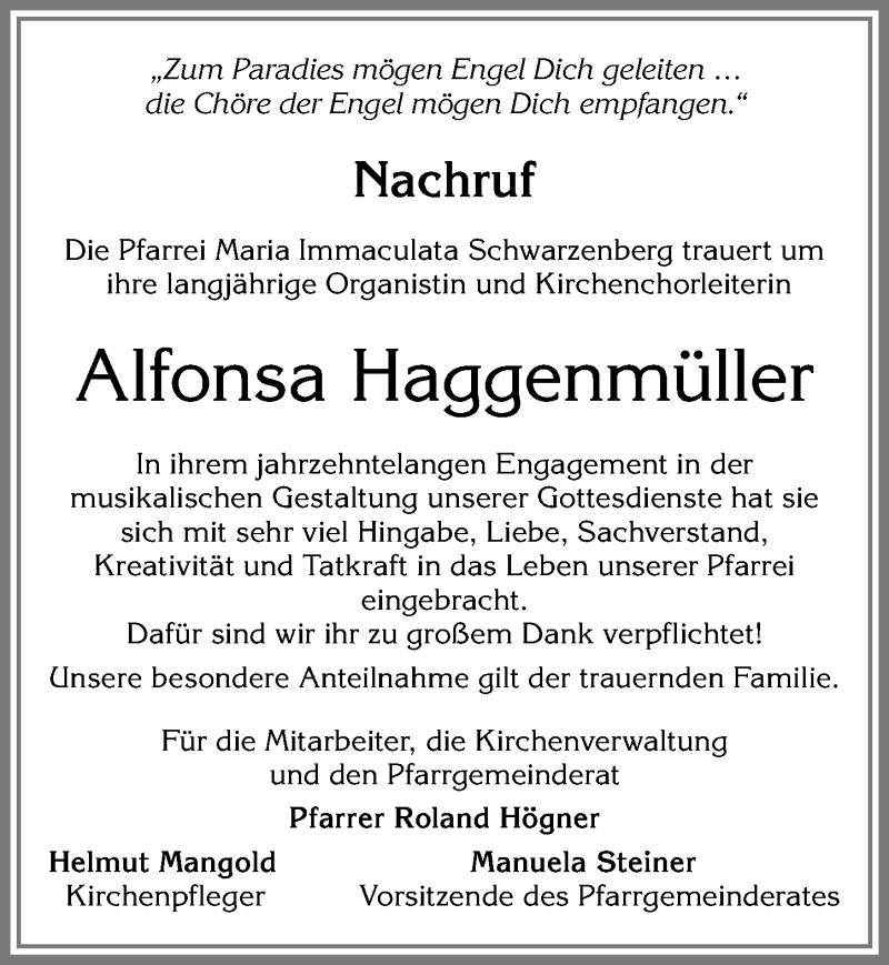 Traueranzeige von Alfonsa Haggenmüller von Allgäuer Zeitung,Kempten