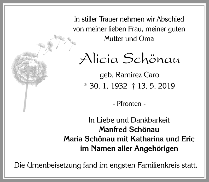 Traueranzeige von Alicia Schönau von Allgäuer Zeitung, Füssen