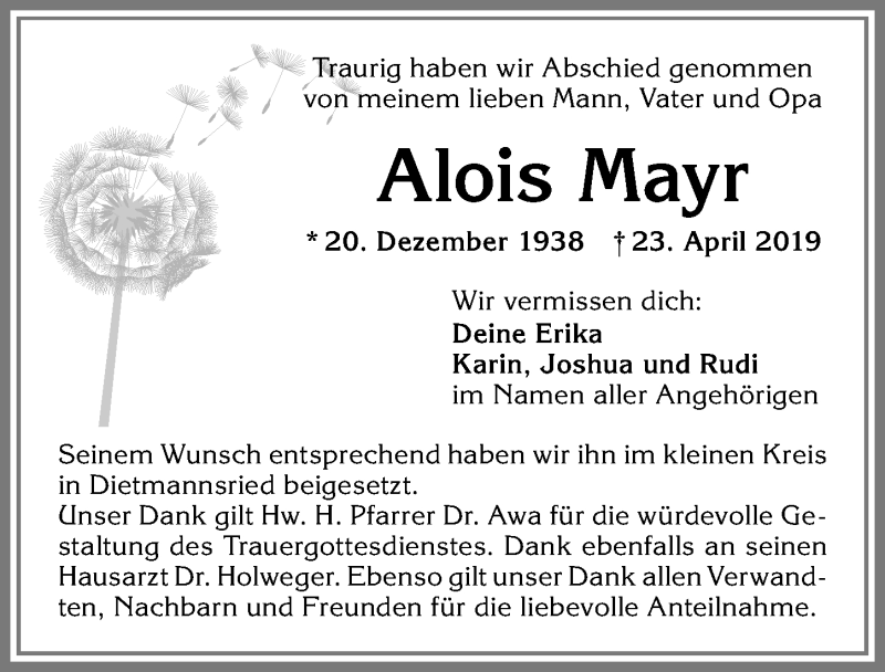 Traueranzeige von Alois Mayr von Allgäuer Zeitung,Kempten