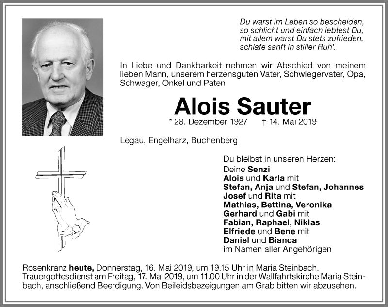 Traueranzeige von Alois Sauter von Memminger Zeitung