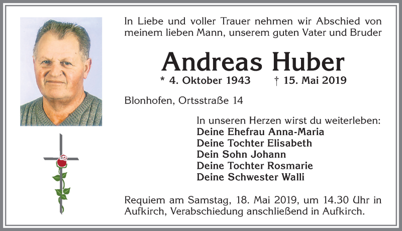 Traueranzeige von Andreas Huber von Allgäuer Zeitung, Kaufbeuren/Buchloe