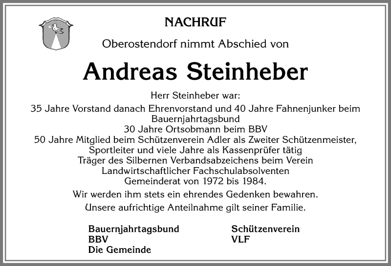 Traueranzeige von Andreas Steinheber von Allgäuer Zeitung, Kaufbeuren/Buchloe