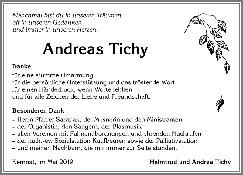 Traueranzeige von Andreas Tichy von Allgäuer Zeitung, Kaufbeuren/Buchloe