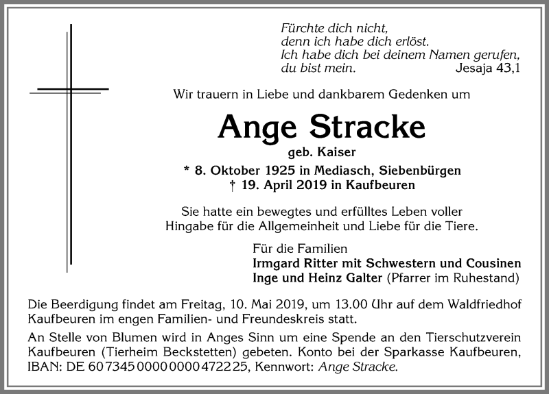 Traueranzeige von Ange Stracke von Allgäuer Zeitung, Kaufbeuren/Buchloe