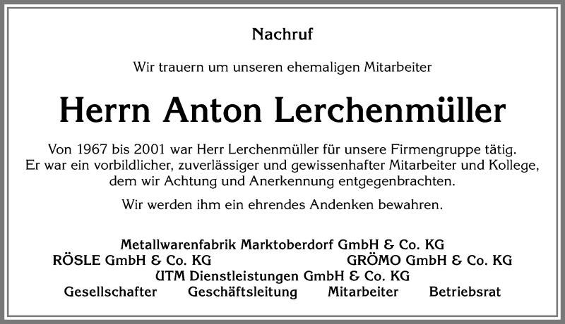 Traueranzeige von Anton Lerchenmüller von Allgäuer Zeitung, Marktoberdorf