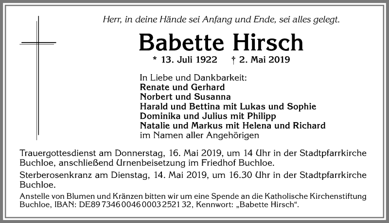 Traueranzeige von Babette Hirsch von Allgäuer Zeitung, Kaufbeuren/Buchloe