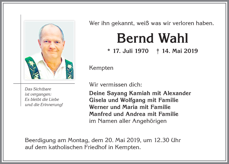 Traueranzeige von Bernd Wahl von Allgäuer Zeitung,Kempten