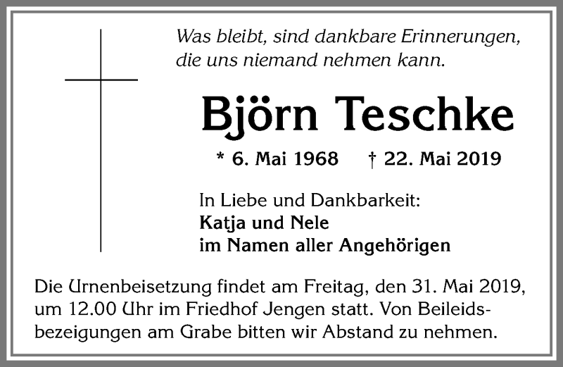 Traueranzeige von Björn Teschke von Allgäuer Zeitung, Kaufbeuren/Buchloe