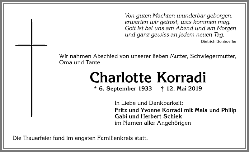 Traueranzeige von Charlotte Korradi von Allgäuer Zeitung,Kempten