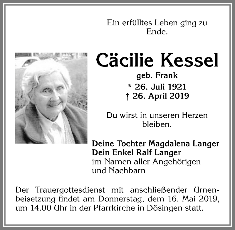 Traueranzeige von Cäcilie Kessel von Allgäuer Zeitung, Kaufbeuren/Buchloe