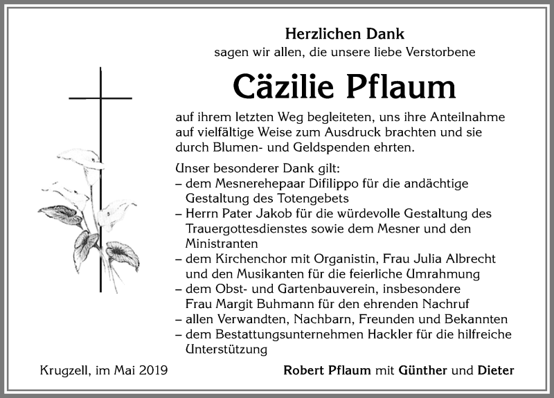 Traueranzeige von Cäzilie Pflaum von Allgäuer Zeitung,Kempten