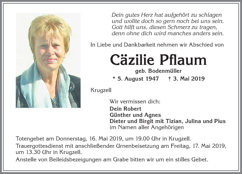 Traueranzeige von Cäzilie Pflaum von Allgäuer Zeitung,Kempten