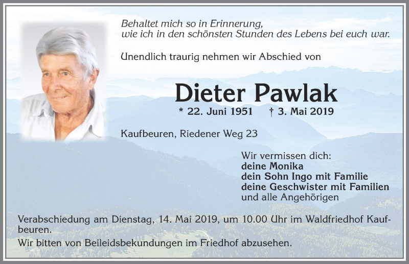 Traueranzeige von Dieter Pawlak von Allgäuer Zeitung, Kaufbeuren/Buchloe