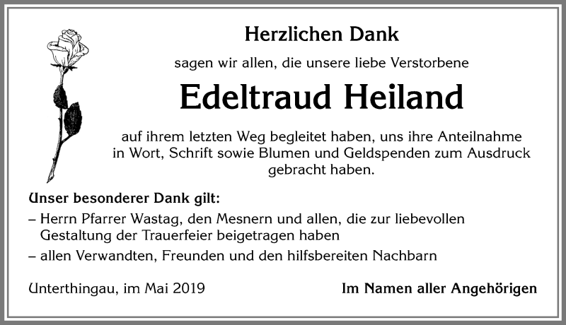 Traueranzeige von Edeltraud Heiland von Allgäuer Zeitung, Marktoberdorf