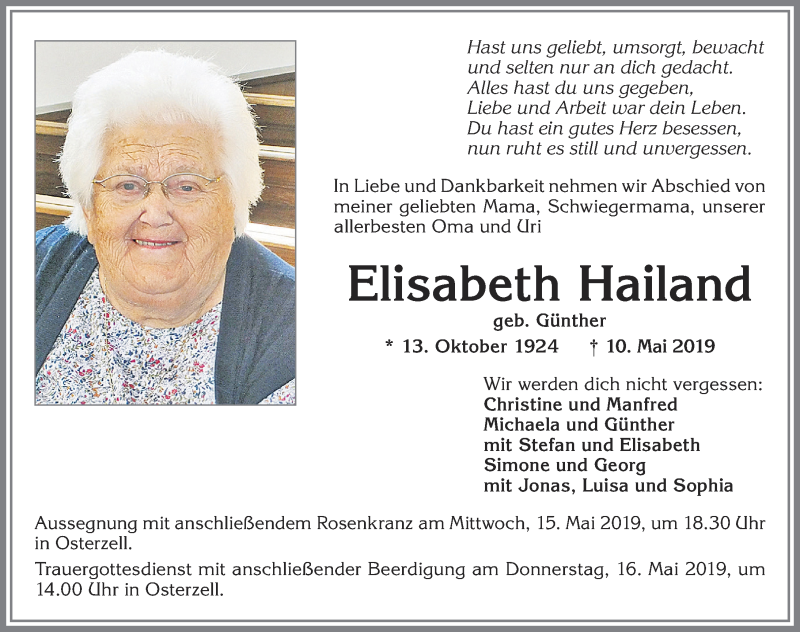 Traueranzeige von Elisabeth Hailand von Allgäuer Zeitung, Kaufbeuren/Buchloe