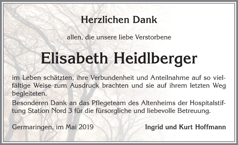 Traueranzeige von Elisabeth Heidlberger von Allgäuer Zeitung, Kaufbeuren/Buchloe