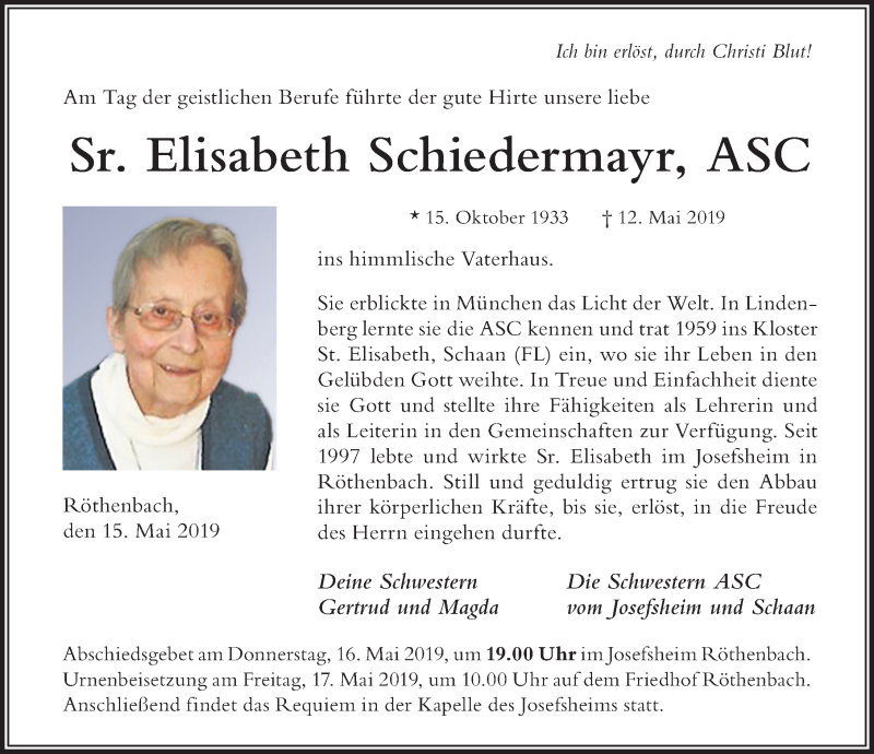 Traueranzeige von Elisabeth Schiedermayr von Der Westallgäuer