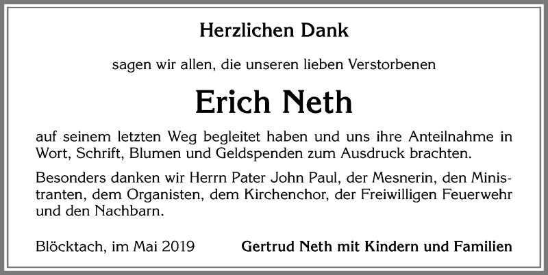 Traueranzeige von Erich Neth von Allgäuer Zeitung