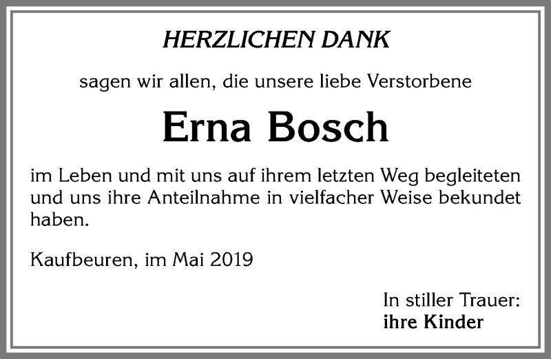 Traueranzeige von Erna Bosch von Allgäuer Zeitung, Kaufbeuren/Buchloe