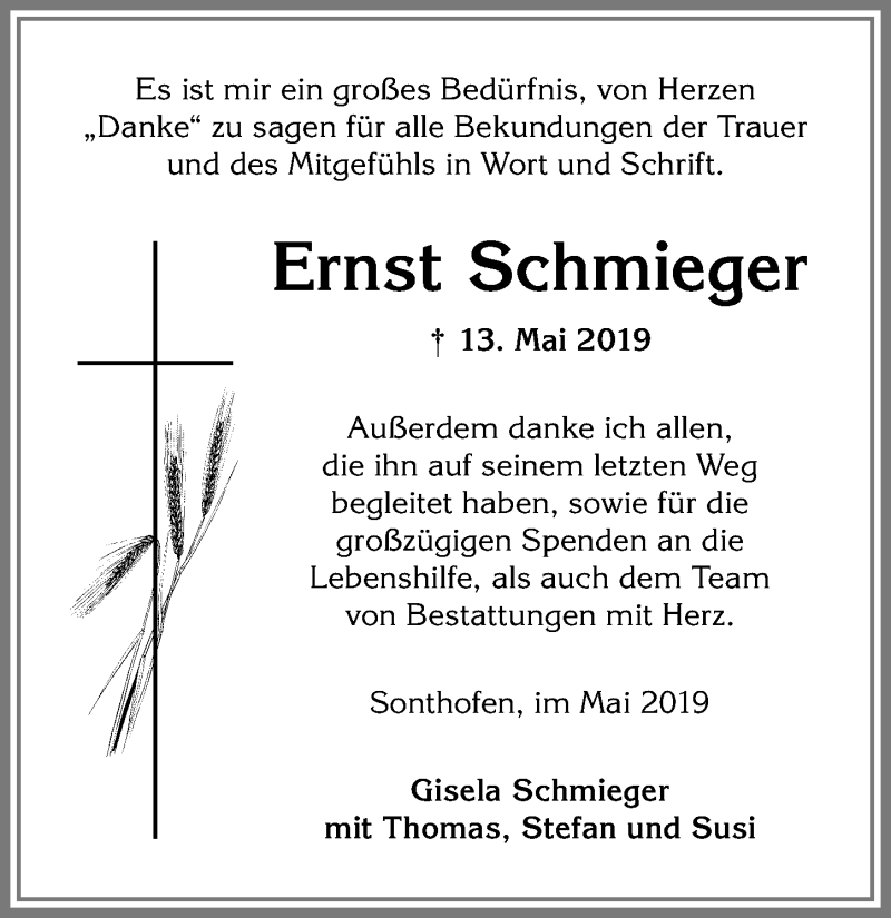 Traueranzeige von Ernst Schmieger von Allgäuer Anzeigeblatt