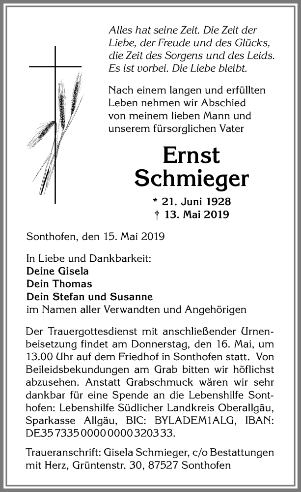 Traueranzeige von Ernst Schmieger von Allgäuer Anzeigeblatt