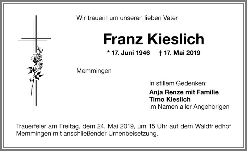 Traueranzeige von Franz Kieslich von Memminger Zeitung