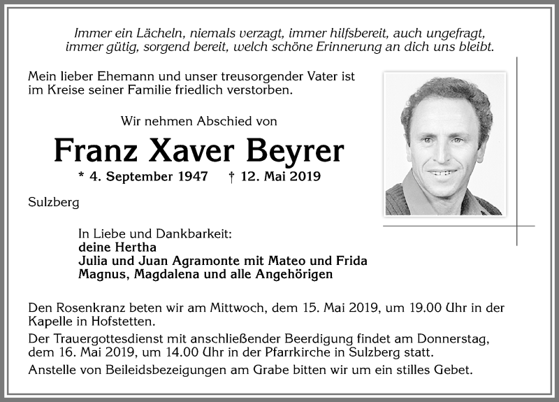 Traueranzeige von Franz Xaver Beyrer von Allgäuer Zeitung,Kempten