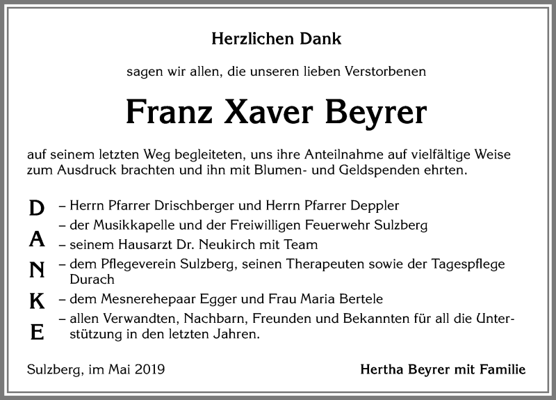 Traueranzeige von Franz Xaver Beyrer von Allgäuer Zeitung,Kempten