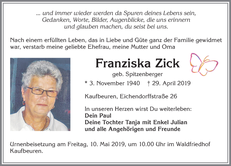 Traueranzeige von Franziska Zick von Allgäuer Zeitung, Kaufbeuren/Buchloe