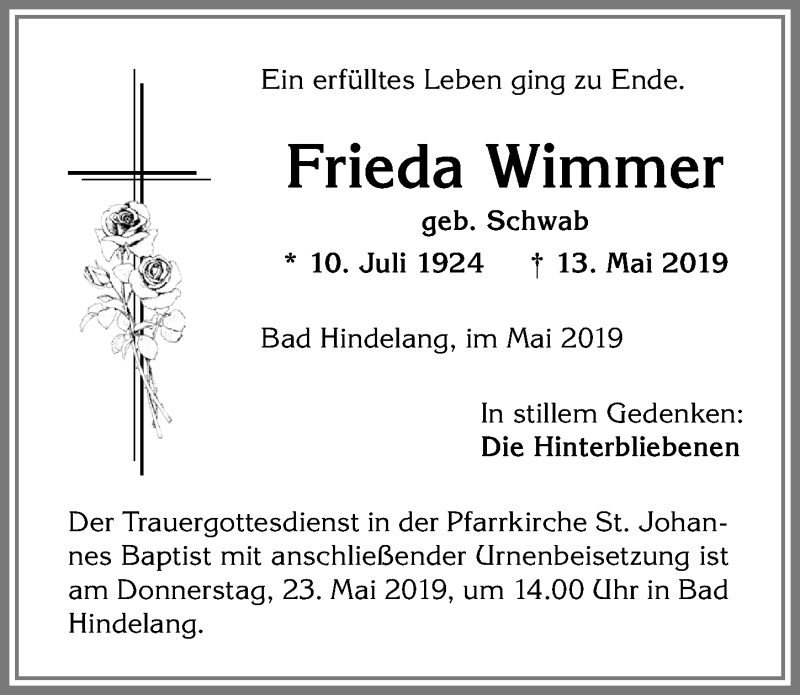 Traueranzeige von Frieda Wimmer von Allgäuer Anzeigeblatt