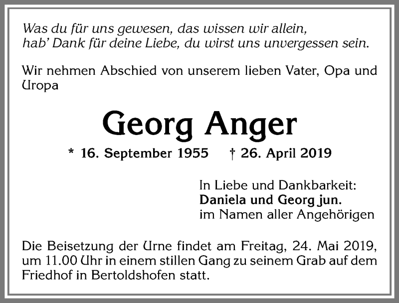 Traueranzeige von Georg Anger von Allgäuer Zeitung, Marktoberdorf