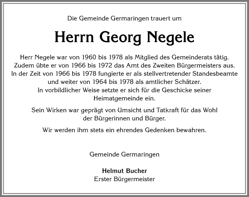 Traueranzeige von Georg Negele von Allgäuer Zeitung, Kaufbeuren/Buchloe