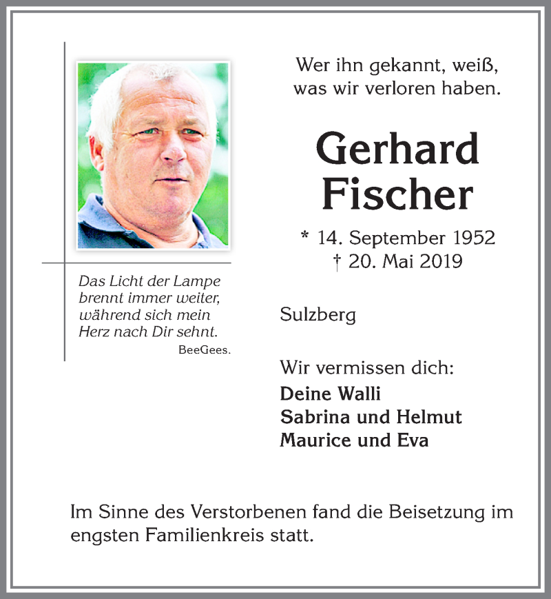 Traueranzeige von Gerhard Fischer von Allgäuer Zeitung,Kempten