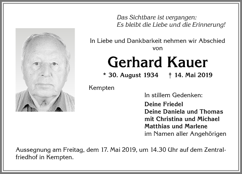 Traueranzeige von Gerhard Kauer von Allgäuer Zeitung,Kempten